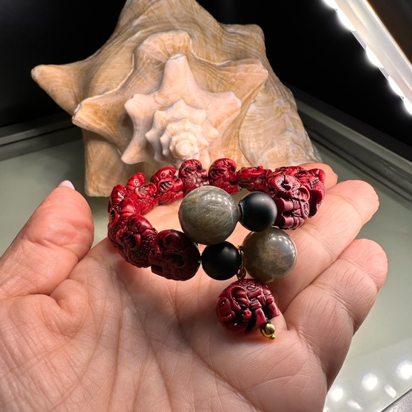 LABRADORITE + CINNABAR NATURAL CUFF BRACELET size 7” - Picture 9 of 13